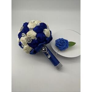 Wedding Bride Bouquet 8” Satin Rose Bridesmaid Brooch Silk Flower Bouquet Blue